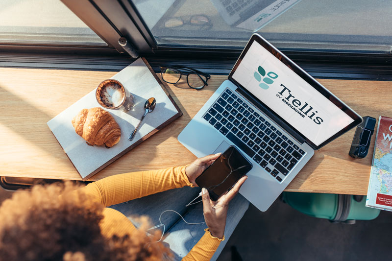 above-view of woman with phone and laptop. Laptop has Trellis logo displayed