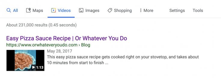 An example of Google's video schema at work, displaying a video search result for Easy Pizza Sauce from Or Whatever You Do.
