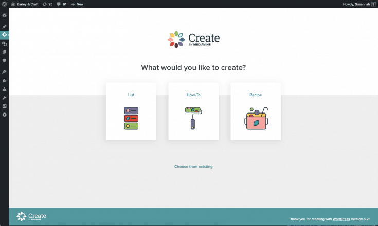 Screen capture of the Create card creator.