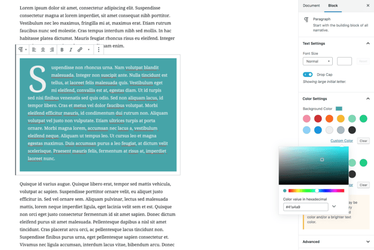 Paragraph blocks have inline and sidebar settings.