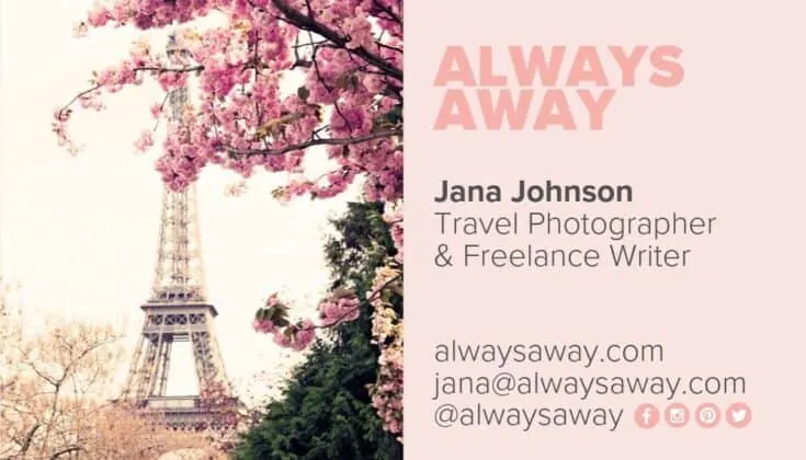 Business card example for Jana Johnson, for Always Away.