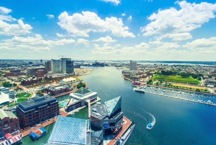 An aerial photograph of Boston Harbor.