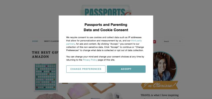 A screen capture of the Data and Cookie Consent for Passports and Parenting.
