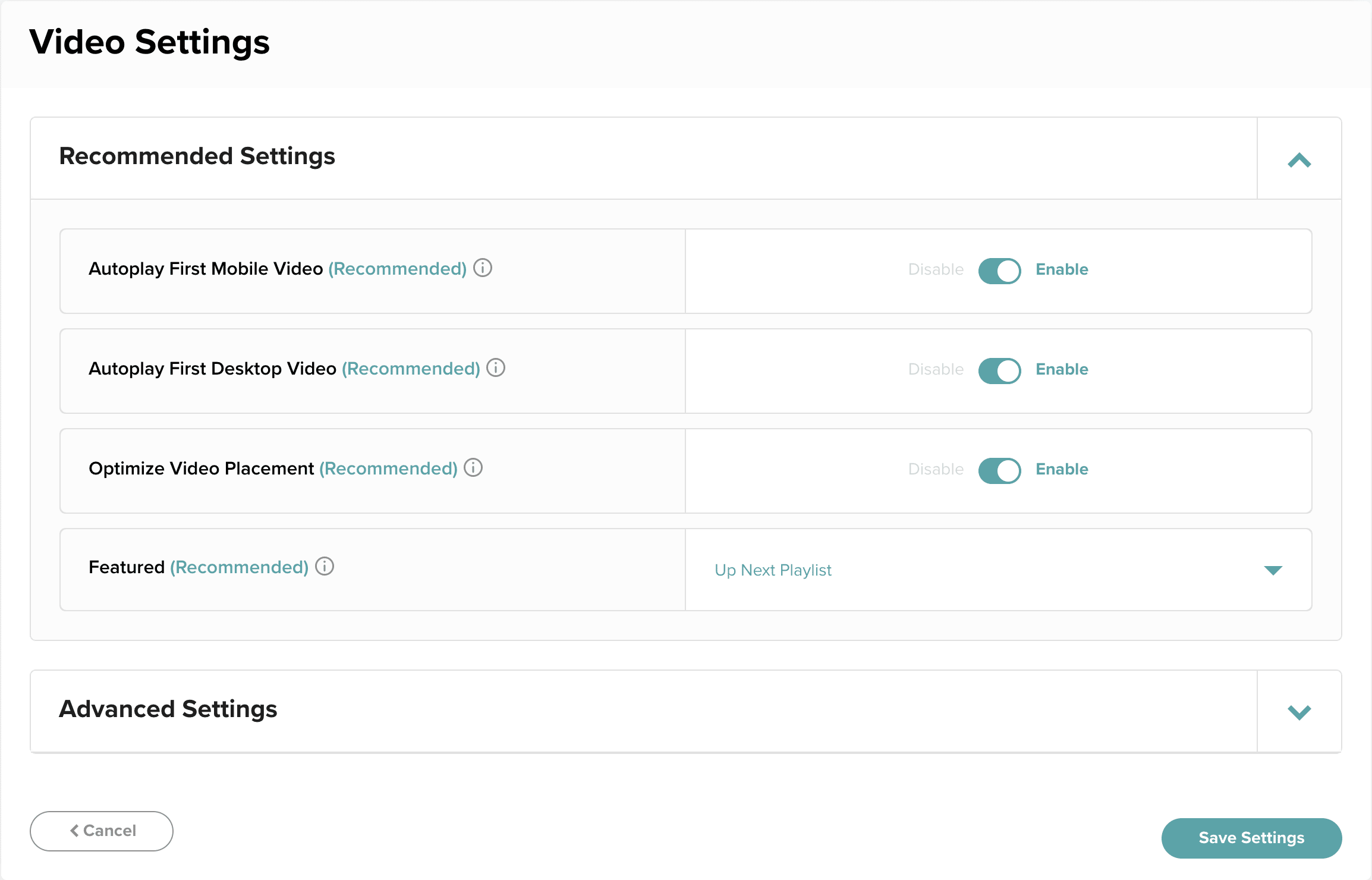 Screenshot of the Mediavine Dashboard video settings