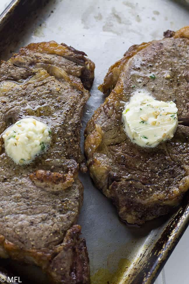 Steaks cooked with butter.