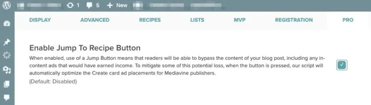 enable jump to recipe button in wordpress