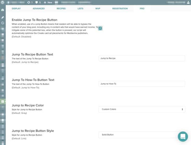jump to recipe text and color options in wordpress