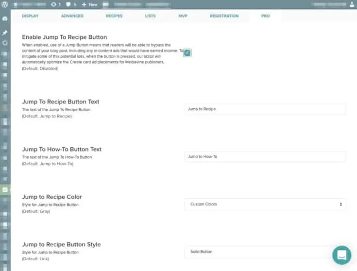 jump to recipe text and color options in wordpress