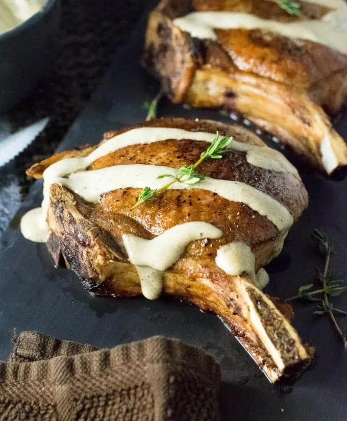 Pan-seared pork chops with Dijon cream sauce