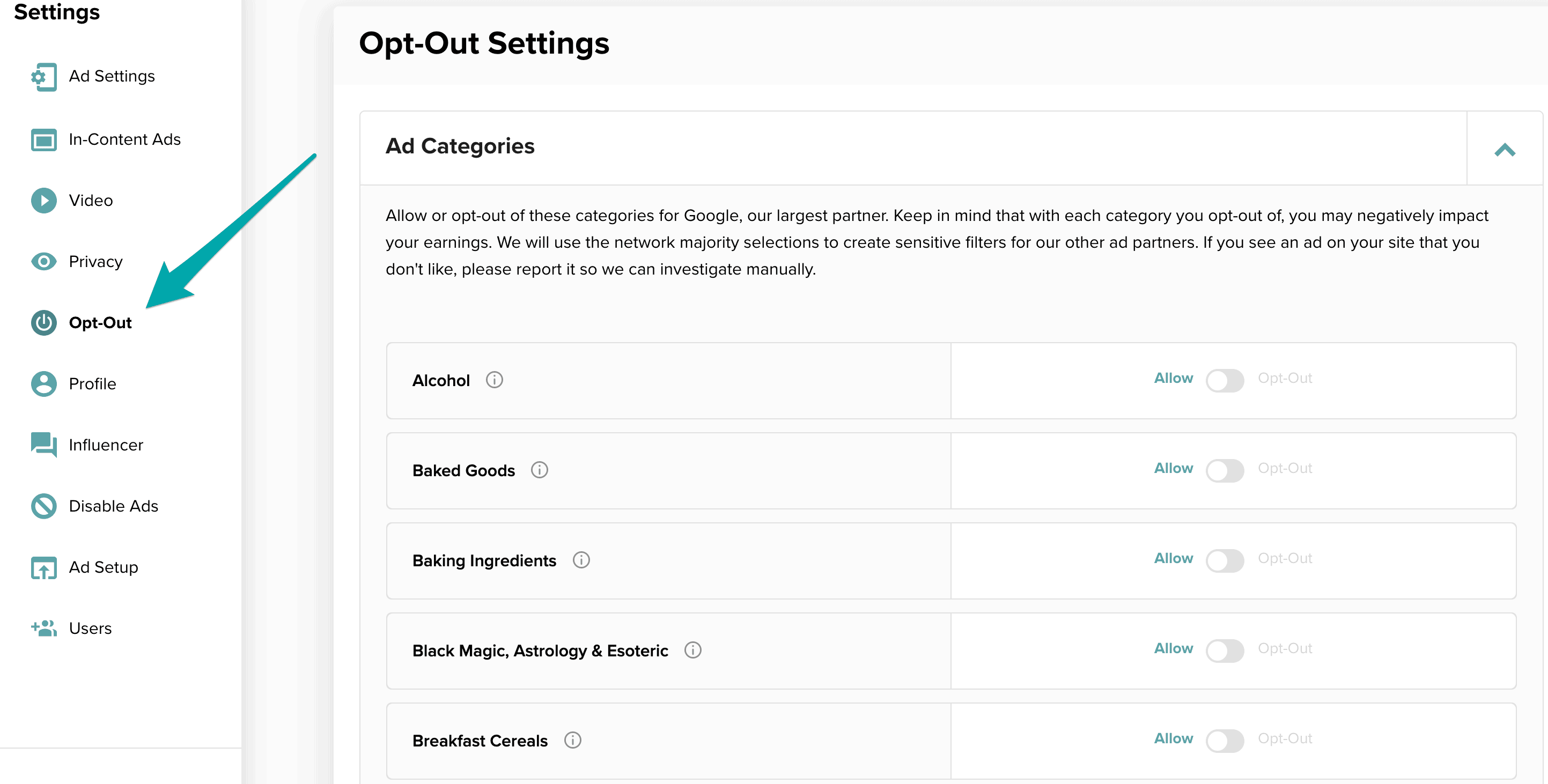 Screenshot of the Mediavine Dashboard with an arrow pointing to the "Opt-Out" setting