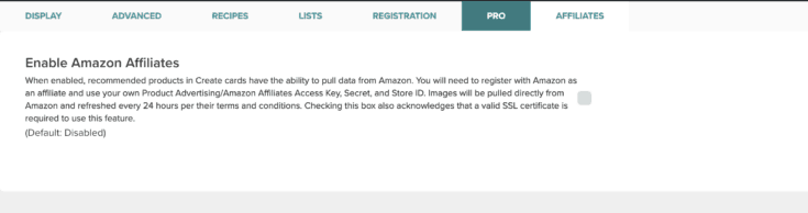 Screen capture of where to enable Amazon Affiliates.