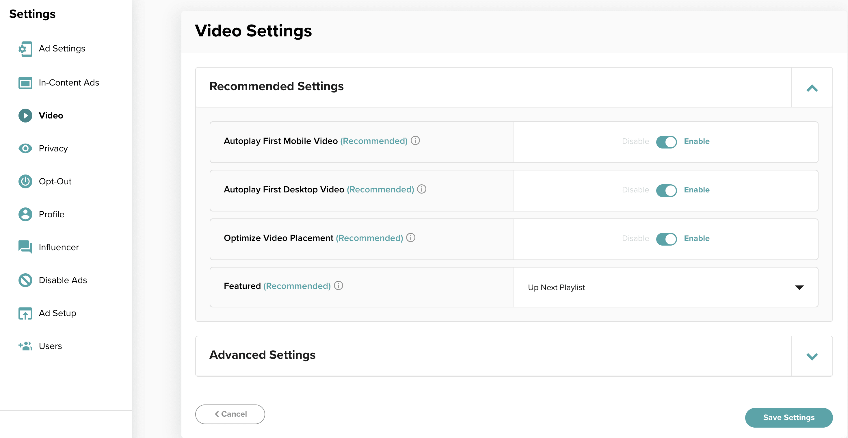Screenshot of video settings in the Mediavine Dashboard with "Up Next" selected for the "Featured" setting