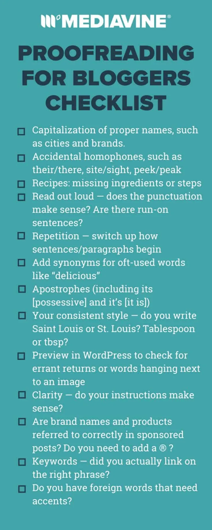 Mediavine proofreeding for bloggers checklist infographic