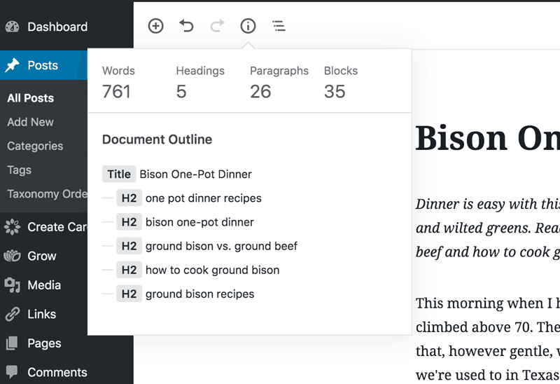 Post outline in gutenberg