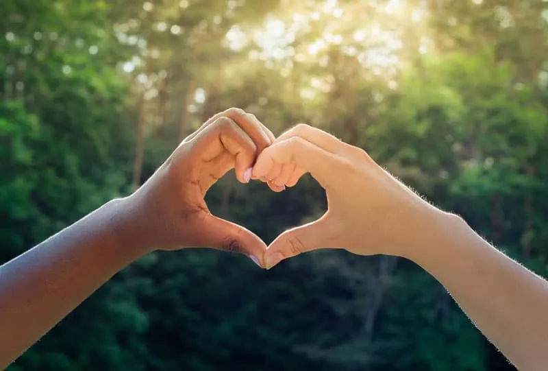 photo of a black hand and a white hand forming a heart