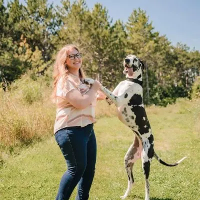 Trista with Fritzie, standing