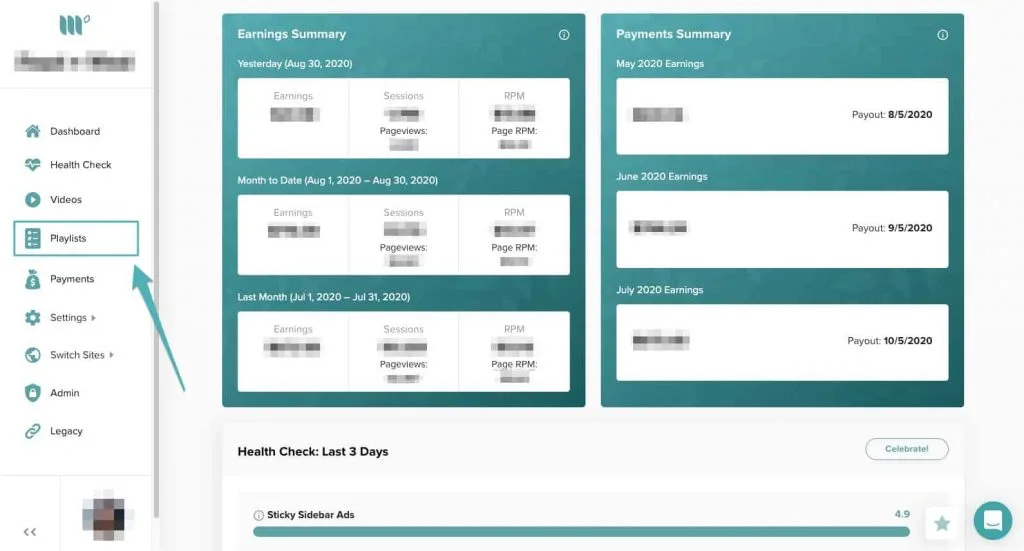 screenshot of where to find video playlists in the mediavine dashboard