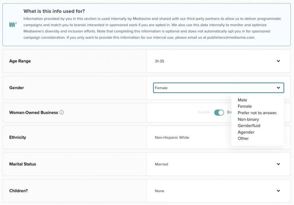 Mediavine influencer settings in the dashboard