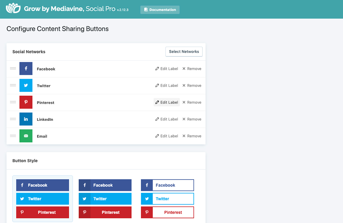 screenshot of mediavine grow share button appearance options
