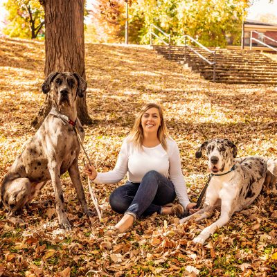 karla sitting with two great danes in a pile of fall leaves