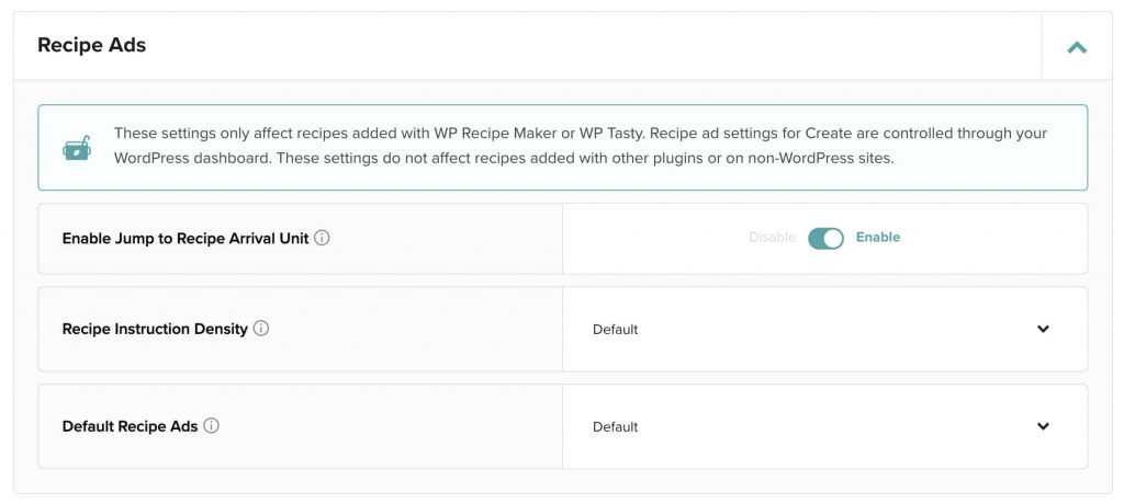 screenshot of mediavine recipe ad settings