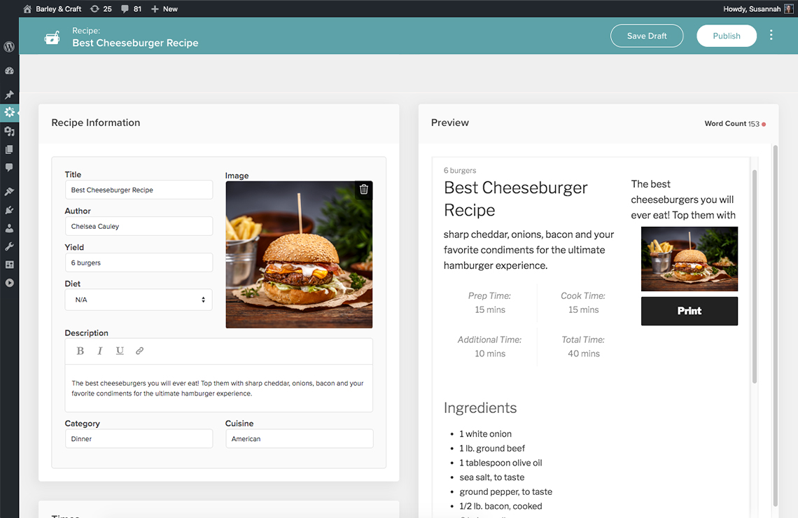 screenshot of creating a recipe card