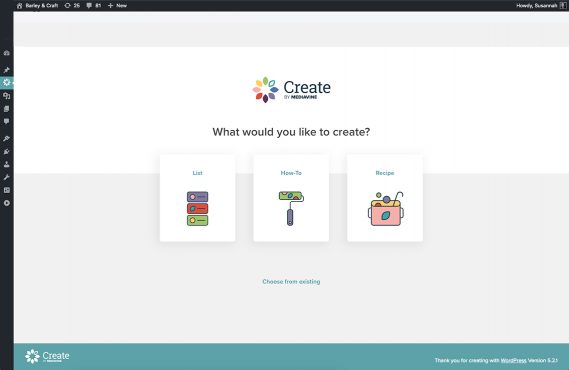 screenshot of choose a create card screen