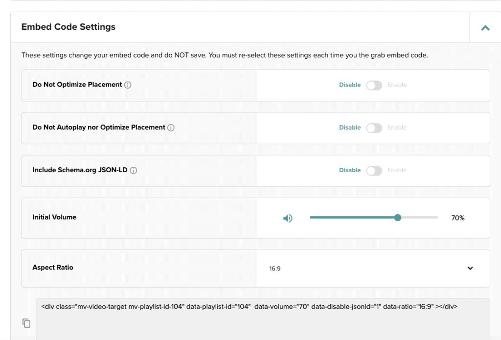 screenshot of video playlist settings in the mediavine dashboard