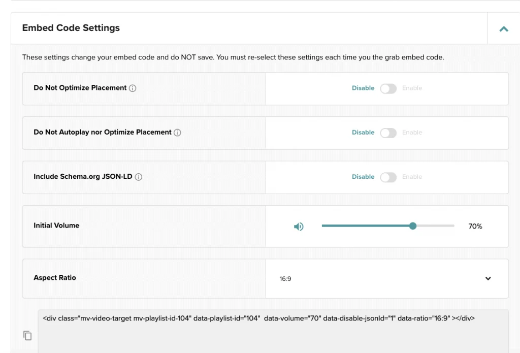 screenshot of video playlist settings in the mediavine dashboard