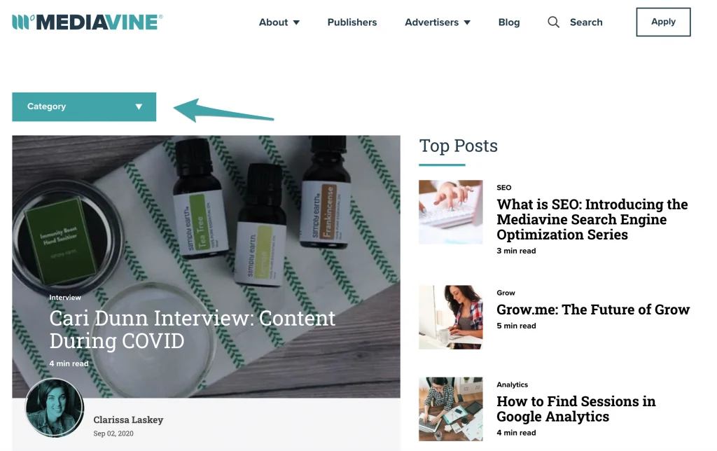 screenshot of the mediavine blog homepage