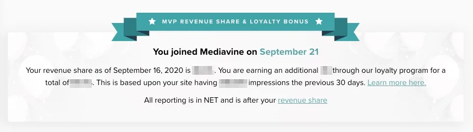 Mediavine loyalty bonus screenshot