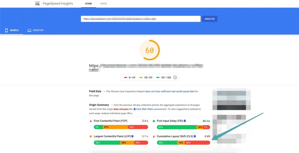 screenshot of page speed insights with arrow pointing to Cumulative Layout Shift chart