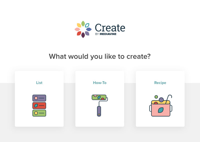 create page asking: what would you like to create. With three options, list, How-to, and recipe
