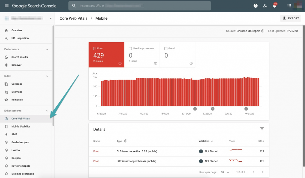 Google Search Console screenshot with arrow pointing to core web vitals tab. 