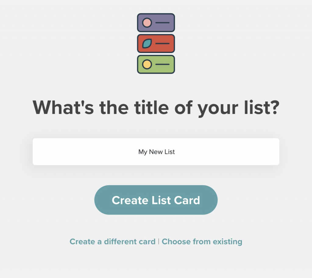 Text says: what's the title of your list? with a "create list card" button underneath it