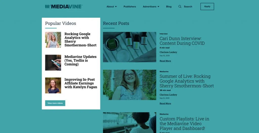 screenshot of the popular videos section on the mediavine website