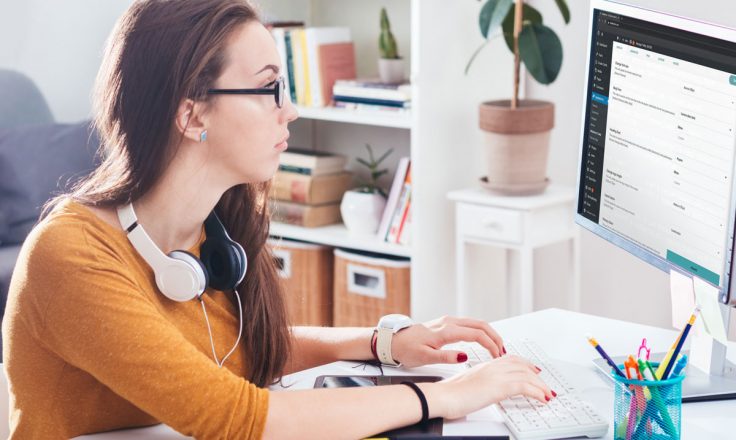 woman looking at computer with trellis settings in wordpress