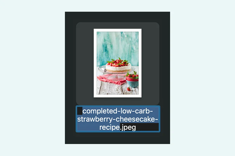 Image of cheesecake with descriptive file name underneath