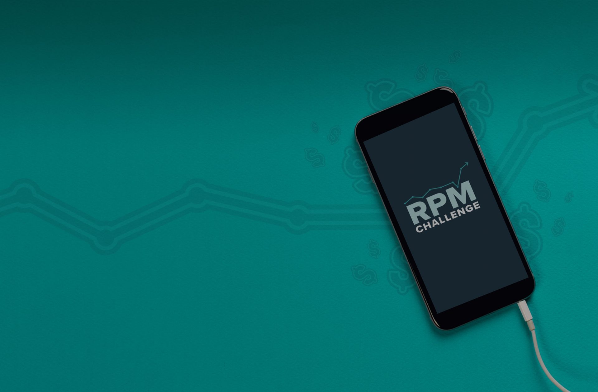 image of a cell phone with headphones attached and displaying the RPM Challenge logo