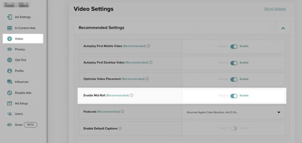 midroll settings location in the mediavine dashboard