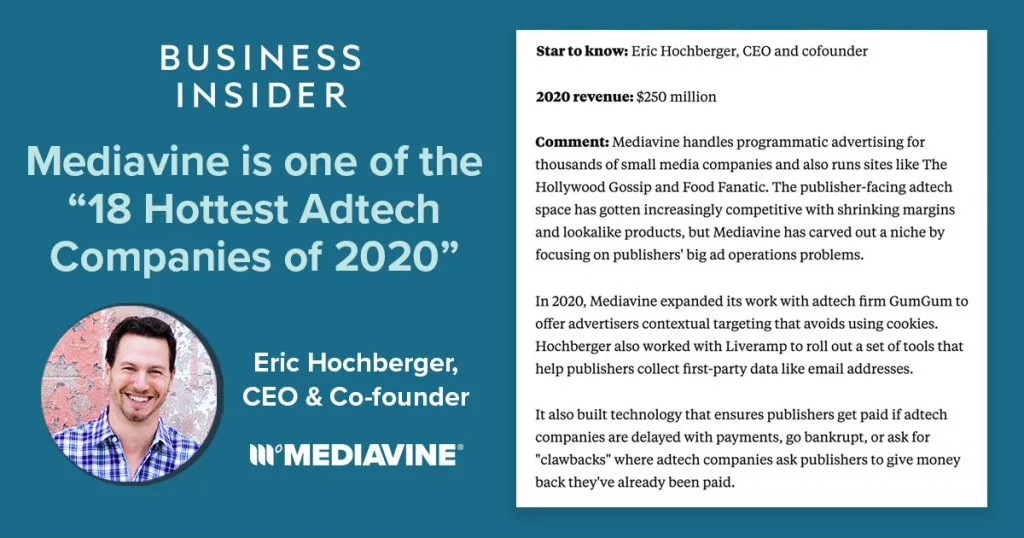 graphic that says "Mediavine is one of the 18 hottest adtech companies of 2020" with the business insider article section on the right side