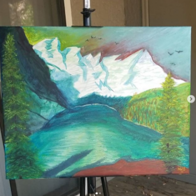 landscape painting of a mountain and water