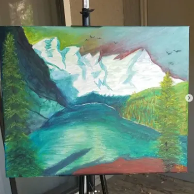 landscape painting of a mountain and water