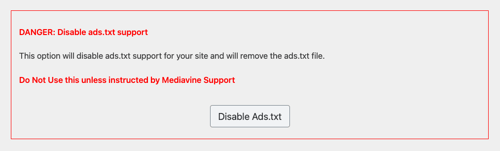 screenshot of disable button in the mediavine control panel.