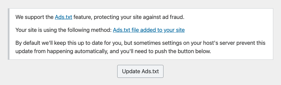 screenshot of ads.txt type in the mediavine control panel. 