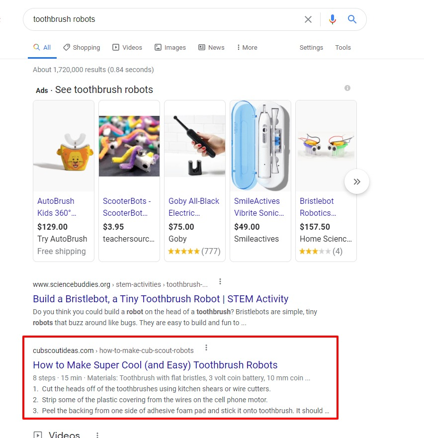 post shows up as second result after the ads on google when you search for toothbrush robots
