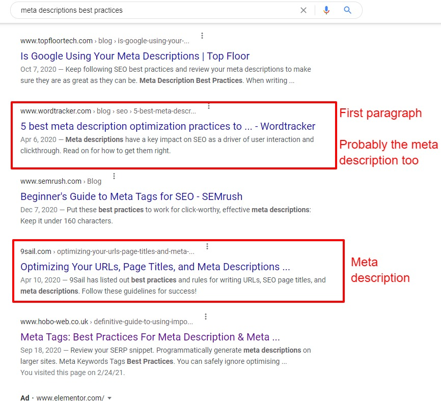 meta description examples from google search