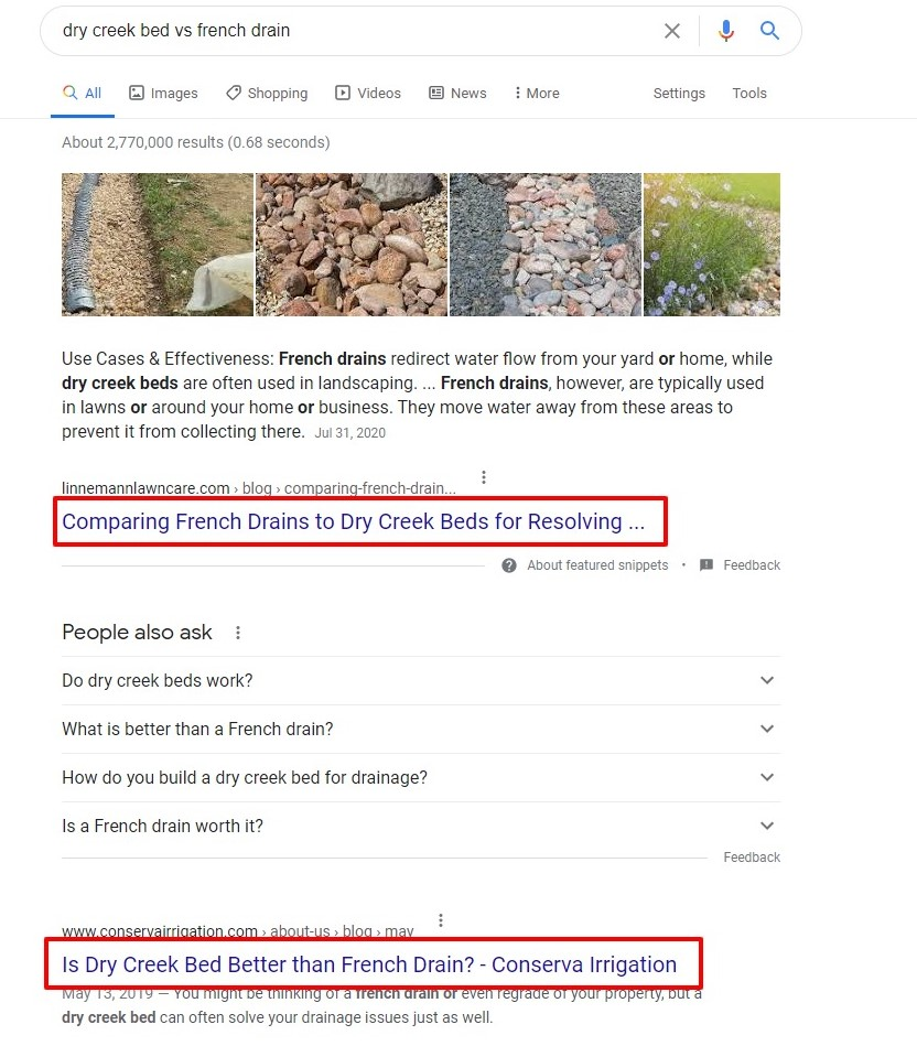 search result for dry creek bed vs french drain top results
