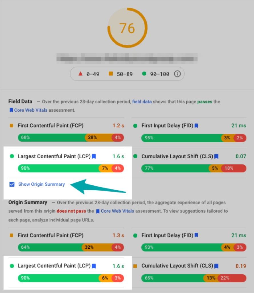 LCP score on pagespeed insights