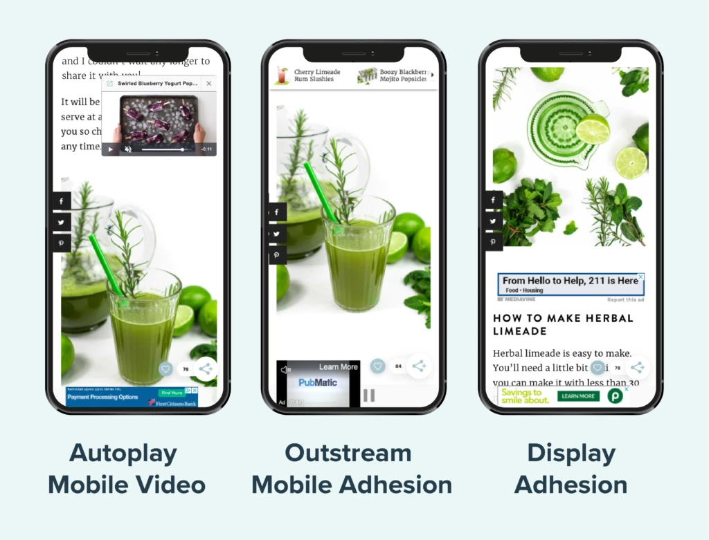 visual comparison on outstream adhesion unit, adhesion unit, and mobile autoplay